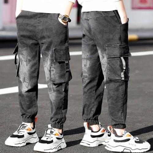 Childrens Jeans For Boys Teenagers Child Clothes For Spring & Autumn 2021 New Casual Cargo Pants Fashion Letters Print Trousers
