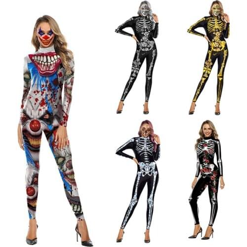 Carnival Party Scary Skeleton Rose Clown Jumpsuit Costume For Women Horror 3D Printed Catsuit Romper Cosplay Halloween Outfit