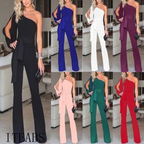 Arrival Women Summer Clubwear Playsuit Hollow Out Long Sleeve Jumpsuit Solid One Shoulder High Waist Long Trousers Pant