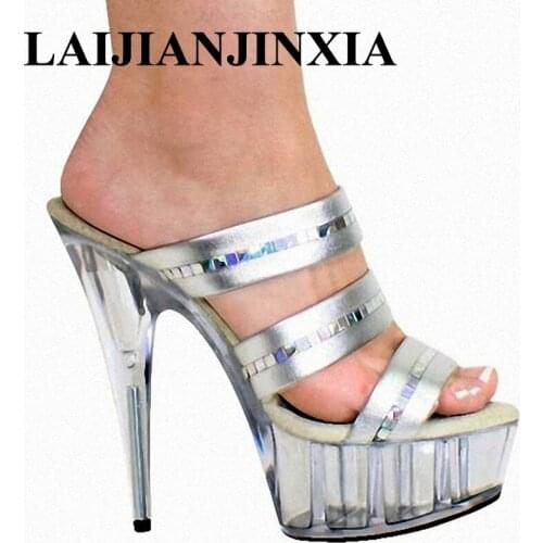 LAIJIANJINXIA 15CM Nightclub Sexy Crystal High Heels Romantic Sweet Slippers Shoes Party Queen Show Shoes Dance Womens Shoes