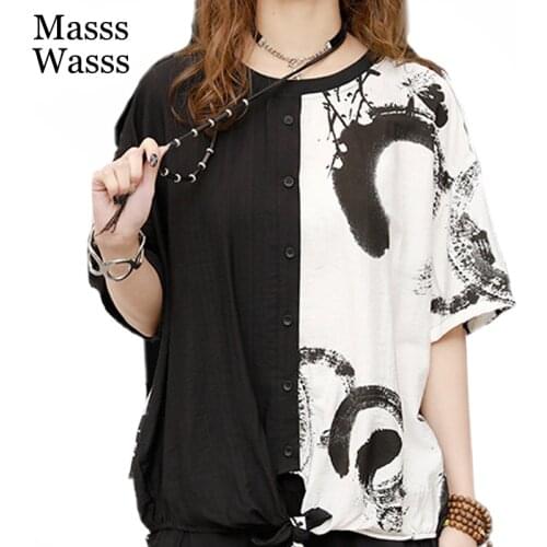 Masss Wasss Summer Design 2021 new Style Clothing Women Black Patchwork Blouses Ladies O-Neck Printed Shirts Girl Vintage Tops