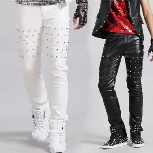Stage personality men motorcycle leather pants white pant men rivets trousers singer dance rock fashion pantalon homme street