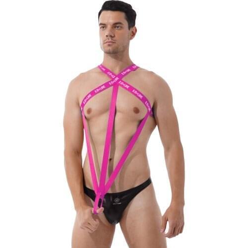 Men Stretchy Strappy Lingerie Bodysuit Letter Print Cutout Leotard Jumpsuit Slim Fit Teddies Sissy Clubwear for Nightclub