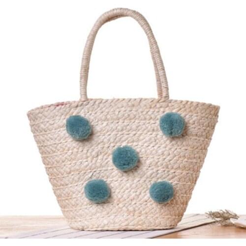 New shoulder straw bag national wind wool ball leisure beach bag summer leisure travel vacation woven bag