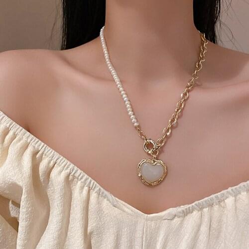 2021 New Korean Fashion Necklaces With Opal Love Pearl Chain Stitching Necklace Clavicle Chain Temperament Female Jewerly