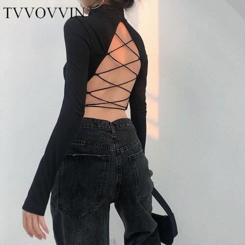 2020 Summer New Black Womens Sexy Turtleneck Back Cross Straps Tight Long Sleeve Bandage T-shirt Tops Cotton ZOE9