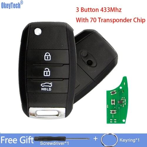 OkeyTech 3 Buttons 433Mhz With 70 Transponder Chip Flip Folding Remote Control Car Key For Kia K2 K3 K5 Rio 3 Hyundai Avante