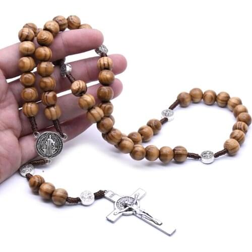 Handmade Round Bead Rosary Necklace Men Cross Jesus Pendant Catholic Religious