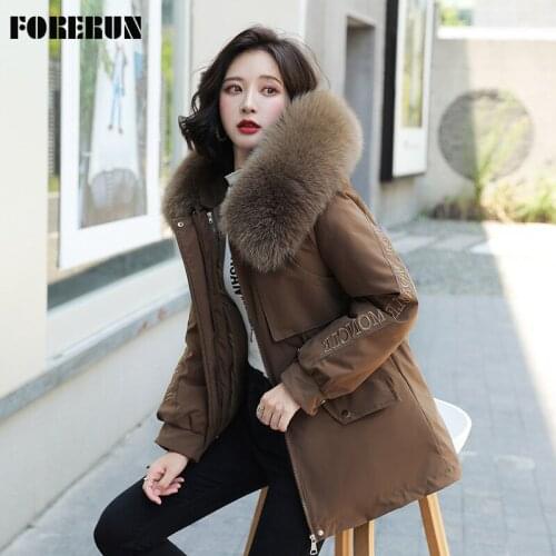 FORERUN Winter Parkas Jacket Letter Embroidery Fur Hooded Detachable Fake Two Piece Coat Cotton Padded Warm Outwear -35 Degree