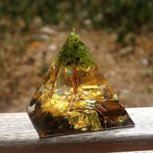 Handmade Tree of Life Orgone Pyramid 60mm Peridot With Tiger Eye Crystal Stone Orgone Accumulator EMF Orgonite Energy Chakra