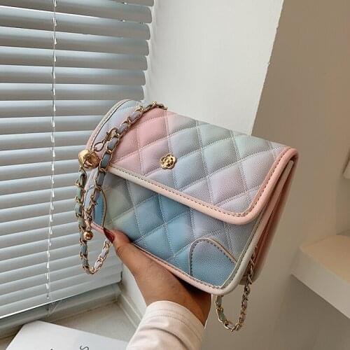 Popular Gradient Design Small Lingge PU Leather Crossbody Bag For Women 2021 Female Summer Chain Luxury Trendy Shoulder Handbags