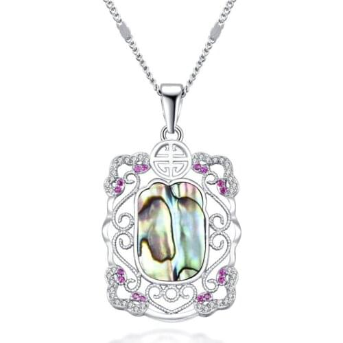 Silver Plated Rectangle Shape Abalone Shell Pendant Link Chain Necklace for Elegant Women Jewelry