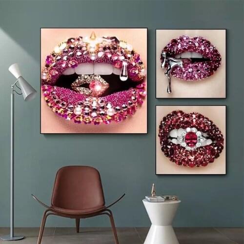 Nordic Art Diamond and Gold Sexy Lips Posters and Prints Aesthetics Hotel Decoration Canvas Painting Family Wall Mural