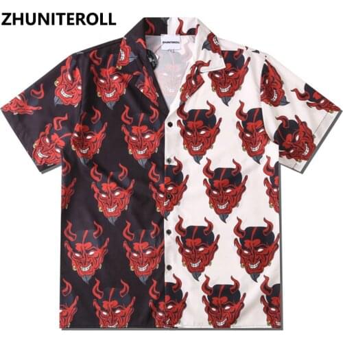 Devil Head Print Hip Hop Shirts Mens Patchwork Hawaiian Shirt Harajuku Summer Beach Shirt Hawaii Tops Short Sleeve Streetwear