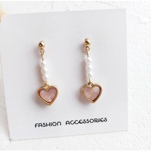 S925 needle Sweet Jewelry Earrings Small Simulated Pearl With Pink Lovely Heart Dangle Drop Earrings For Girl Student Party Gift