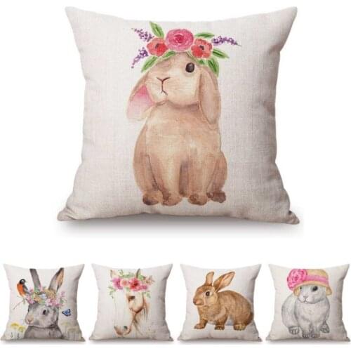 Cute Watercolor Floral Bunny Rabbit Girl Room Decoration Throw Pillow Case Cotton Linen Adorable Baby Nursery Art Cushion Cover