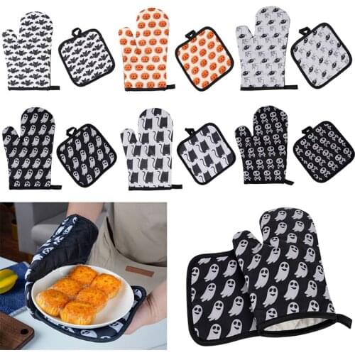 Printed Oven Mitts And Mat Cartoon Halloween Thick Insulation Gloves With Quilted Liner For Kitchen Cooking Baking Microondas