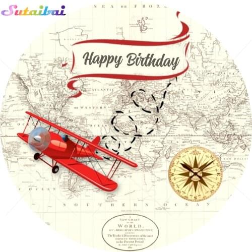 Vintage Airplane Old World Map Travel Adventure Round Backdrop Baby Shower Photography Background Circle Covers Cake Table Decor