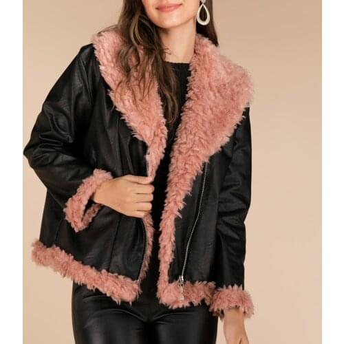 Plus 2X New Fashion Women Autumn Winter Black Faux Leather Jackets Zipper Basic Coat with Fur Collar Streetwear Biker Jacket