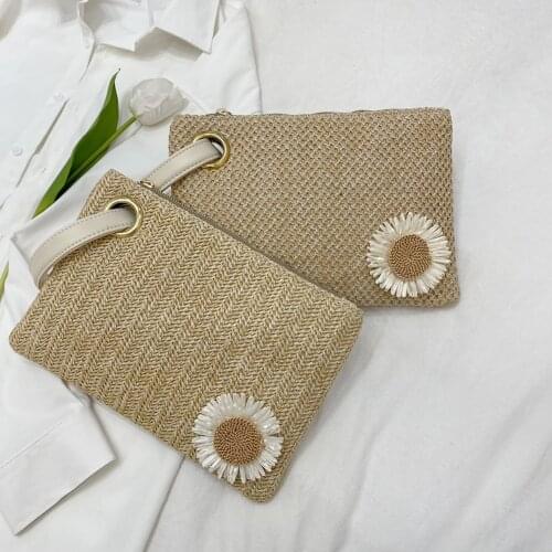 New Fashion Women Beach Bag Clutch Lady Women Vacation Sunflower Wristlet Bag Casual Vintage Small Woven Purse