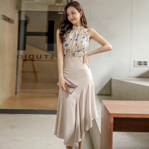 New arrival fashion sets for women summer elegant temperament trend office lady stand sleeveless top and skirt two piece sets