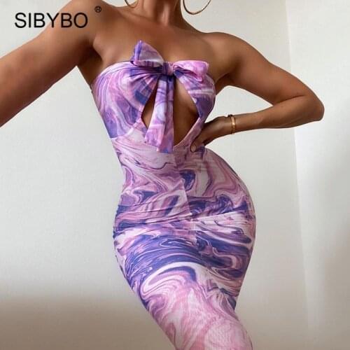 Sibybo Summer Print Sexy Halter Long Dress Women Sleeveless Off Shoulder Bodycon Party Dress Femme Streetwear Cut Out Dresses