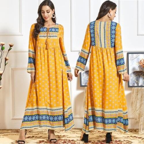 Bohemian Printed Ladies Long Sleeve Dress Abaya Casual Indian Loose Large Size Dress Ethnic Style Long Dress Holiday Maxi Dress