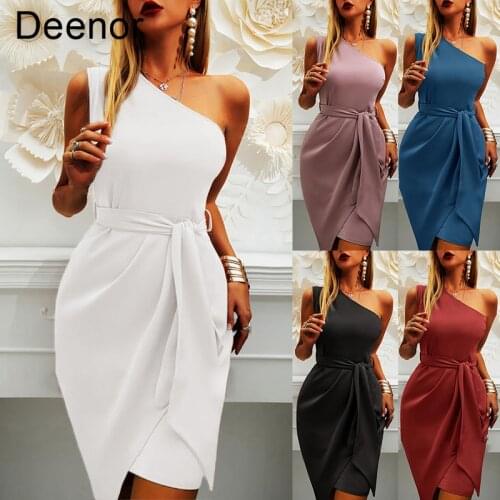 Deenor Elegant Temperament Inclined Shoulder Solid Sleeveless Belt Party Midi Dress Fashion Asymmetrical Dresses for Women
