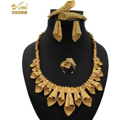 ANIID Dubai Necklace Fashion Gold Color Jewelry Set African Bridal Wedding Gifts Party For Women Bracelet Earrings Ring Brazili