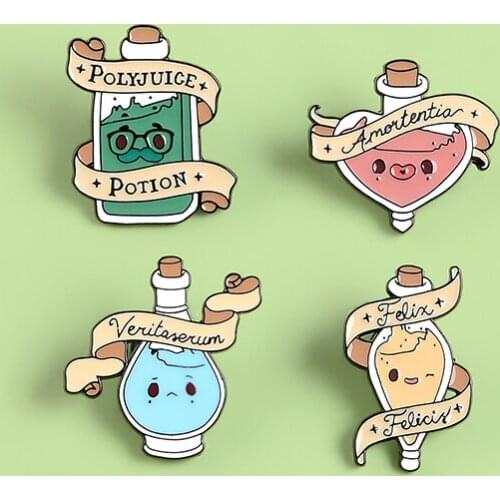 Medicine Bottle "Polyjuice Potion" "Felicis" Magic Love Heart Glass Drift Bottle Lapel Enamel Pins Jewelry Gifts For Women
