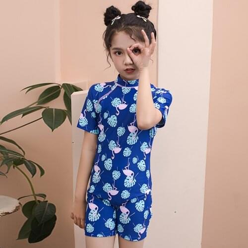 Quick Dry Conservative One Piece Children Swimwear Short Sleeve Swimsuit Girls Sports Beachwear Kids Flamingo Print Bathing Suit