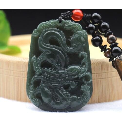 Natural Green Hetian Nephrite Jade Hand Carved Dragon Amulet Zodiac Pendant Necklace For Men Women Jewelry Beaded Rope Chain
