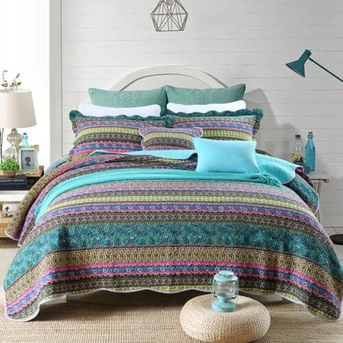 CHAUSUB Quilt Set 3pcs Bohemia Stripe Bedspread for Bed with 2 Shams Soft Cotton Queen Size Summer Blanket On Bed