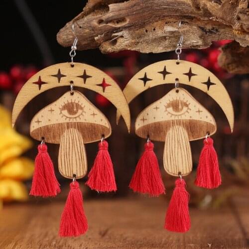 Halloween Wooden Macrame Tassel Earrings Moon Mushroom Unique Trendy Retro Vintage Statement Gift Geometric Horrible Earrings