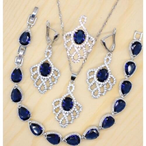 GZJY Blue and Red Jewelry Sets for Women 925 Silver Earrings Necklace Pendant Rings Bracelet for Wedding Bridal Party Jewelry