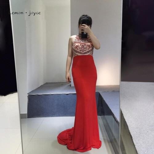 Lemon Joyce Red Evening Dresses Luxury Flowers Beading Formal Dress Sexy Sleeveless Slim Mermaid Party Gown