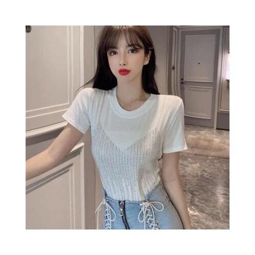 2021 Summer New Fashion Design Heavy Industry Western Style Rhinestone Slimming Slim Fit Top T-shirt with Short Sleeves Women