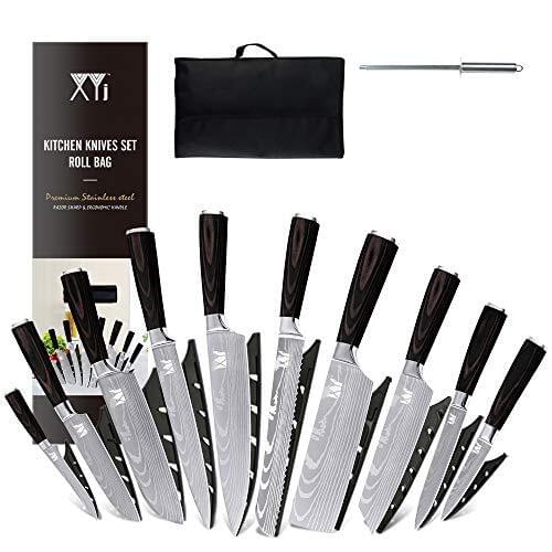 XYJ Stainless Steel Kitchen Knives Set 10pcs Chef Knife Set with Knife Sharpening Rod Carry Bag&Sheath Razor Sharp Well Balance