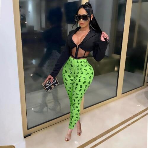 Neon Green US Money Dollar Print Skinny Legging Women Fashion High Waisted Slim Fit Bandage Trouser Sexy Elastic Hight Long Pant