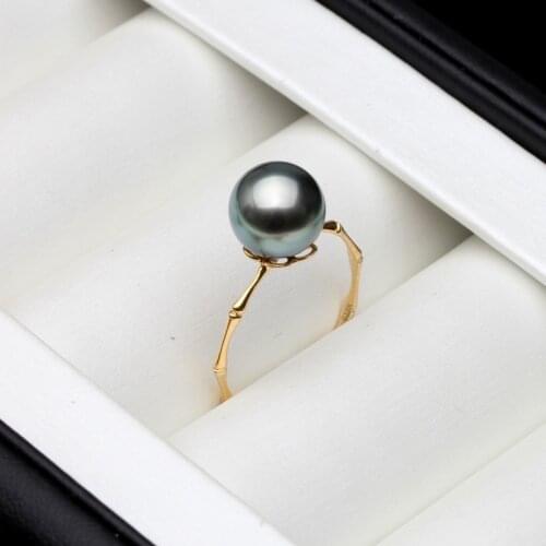 Wedding 18K Pure Gold Ring Round Black Natural Tahiti Pearl Ring Fine Jewelry Women Anniversary Gift