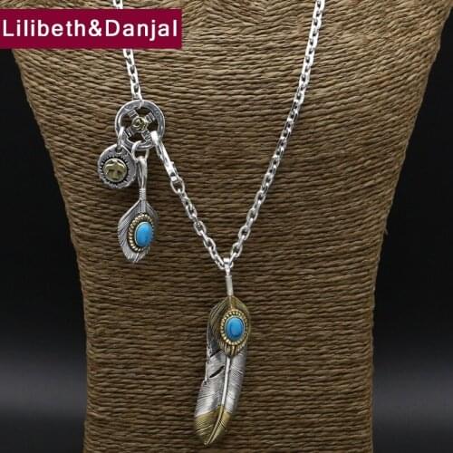2019 Feather Inlaid turquoise Necklace Pendant 100% Real 925 Sterling Silver Women Men Necklace wedding turkish jewelry sets S09