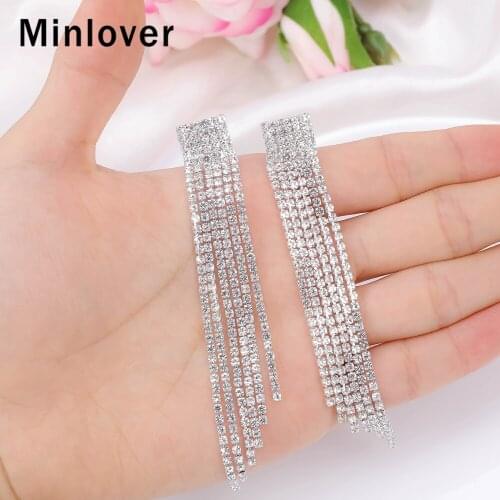 Minlover Silver Color Rhinestone Tassel Clip on Earrings Without Piercing for Women Wedding Fashion Jewelry Gifts EH424