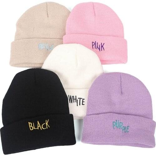 Color Letters Embroidery Crimping Keep Warm Winter Beanie Knitting Unisex Hip Hop Solid Color Ski Cap Skull Cap