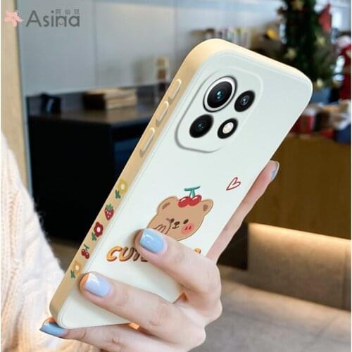 ASINA Cartoon Case For Xiaomi Mi11 10 9 8 Straight Edge Original Liquid Silicone Cases For Redmi Note 10 9 8 7 Cover Capa Bear