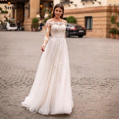 Smileven Bohemia Wedding Dresses 2020 3/4 Long Sleeve Lace Bridal Gowns Off The Shoulder Wedding Gowns Robe De Mariee