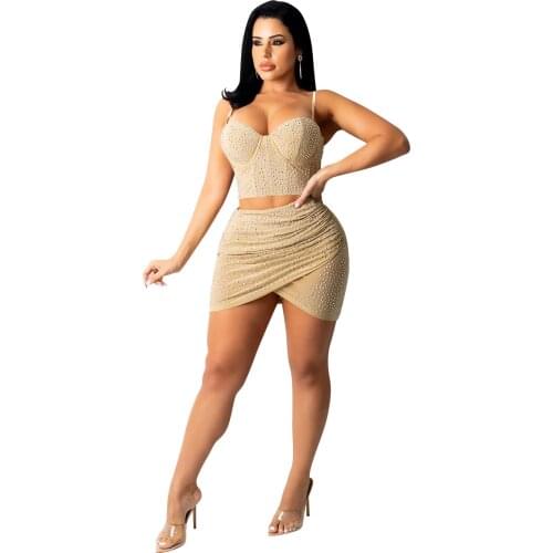 Sexy Women Skirt Two Piece Set Sheer Mesh Diamond See Through Party Night Clubwear Dresses For Womnen Vestidos