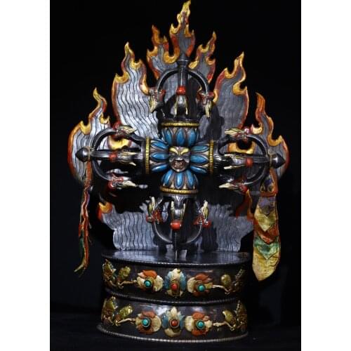 22"Tibet temple Old Tiantie Engraved Tracing Skull Cross Dorje Vajra Phurpa Base set Town House Exorcism Ward off evil spirits