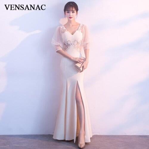 VENSANAC Deep V Neck Lace Appliques Mermaid Long Evening Dresses Party Split Illusion Backless Prom Gowns