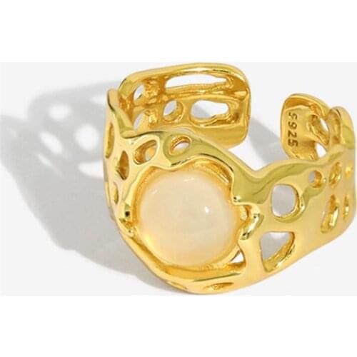 Sole Memory White Agate Geometric Openwork 925 Sterling Silver Female Resizable Opening Rings SRI883
