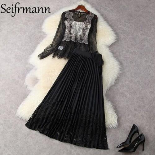 Seifrmann New 2021 Summer Women Fashion Designer Skirts Set Long Sleeve Lace Loose Tops + High Waist Black Pleated Skirts Suits